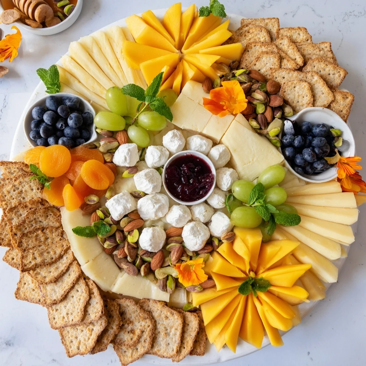 A bright Daffodil Cheese Board, with cheddar petals around soft cheeses, grapes and nuts for snacking.