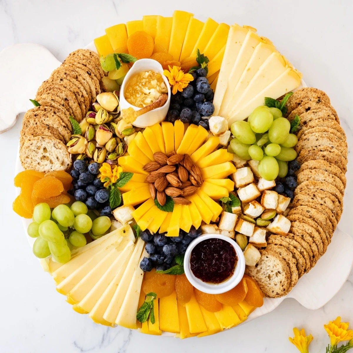Vibrant Daffodil Cheese Board features cheddar, brie, goat cheese, fruits, and crackers perfect for spring entertaining.