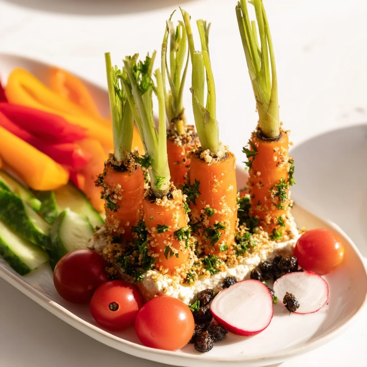 Colorful carrot patch veggie board with carrots, snap peas, and tomatoes, ideal for a festive appetizer.