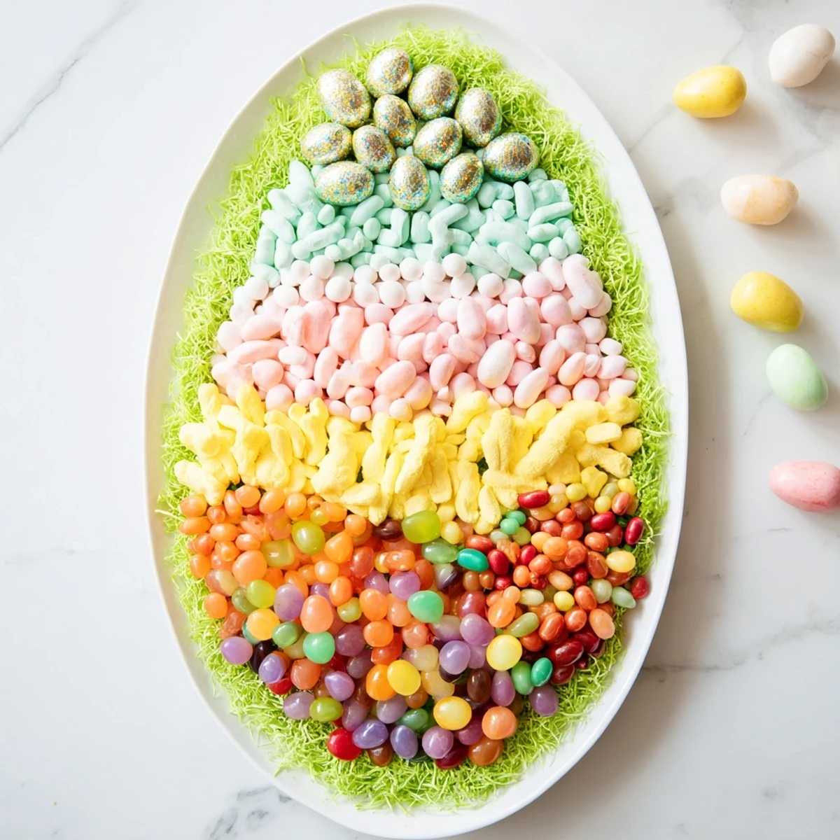 Close-up of a colorful Egg-Shaped Candy Platter filled with assorted sweets and candies, ready to enjoy.