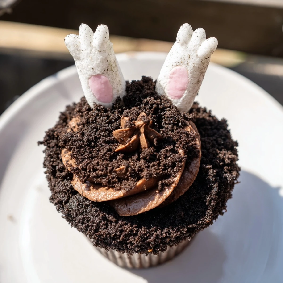 Bunny Burrow Cupcake Tray: Adorable chocolate cupcakes with rich buttercream, crushed cookie soil, and fondant bunny feet.