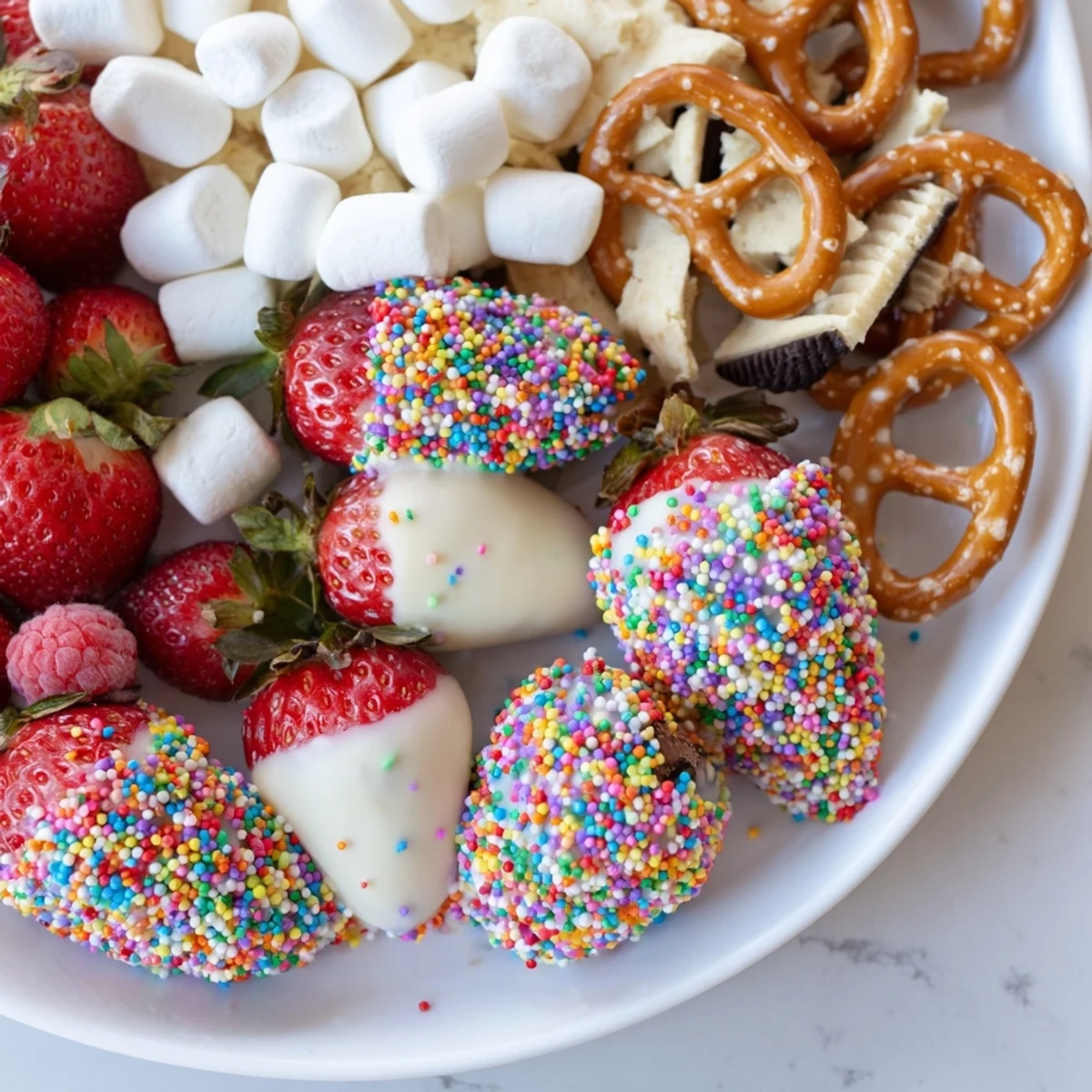 Rainbow Sprinkle Party Board with chocolate dipped treats and colorful sprinkles, ready to serve.
