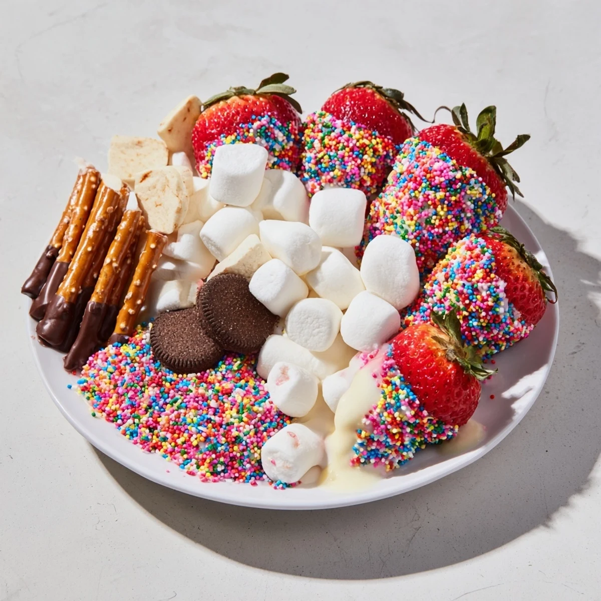 A vibrant Rainbow Sprinkle Party Board, featuring strawberries, donuts, and pretzels coated in sprinkles.