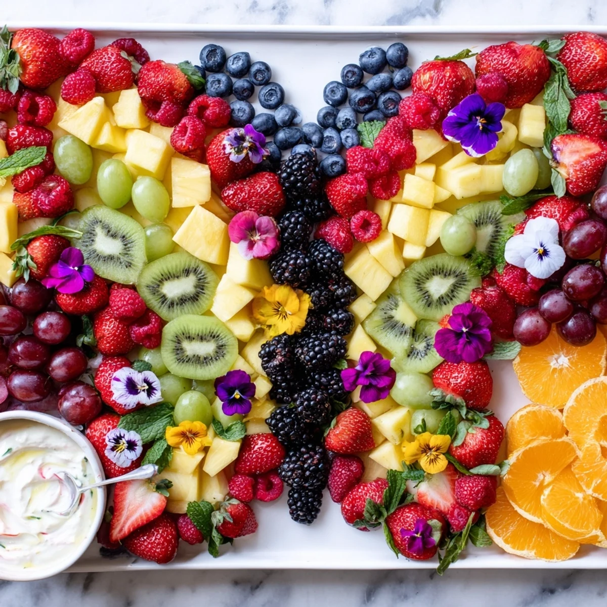 Butterfly Garden Fruit Board, a colorful and healthy snack, features fresh, juicy fruit arranged for a gathering.