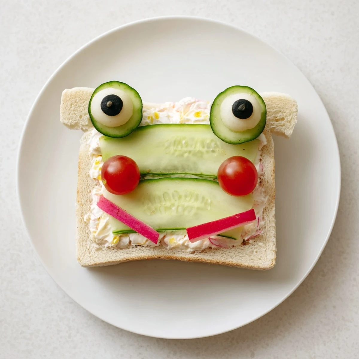 Froggy sandwiches cut out like smiling frog faces, filled with creamy cucumber salad, perfect for a kids' lunch.