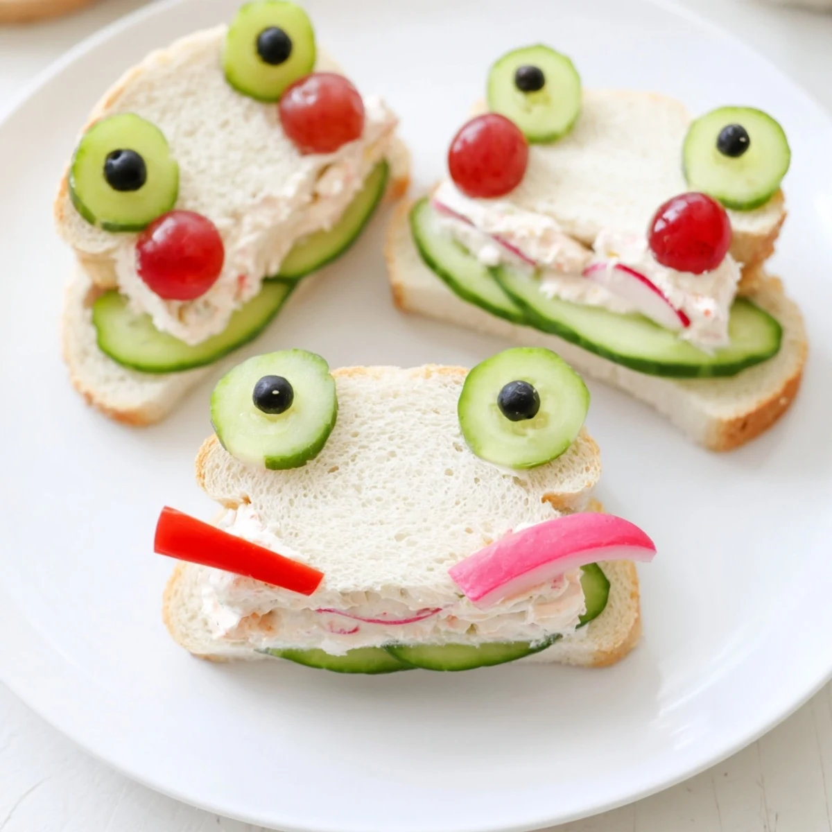 Enjoy the playful shapes of these Froggy sandwiches, a kid-friendly treat filled with fresh cucumber and cream cheese.