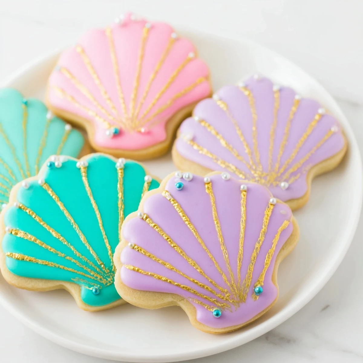 These colorful Seashell Sweets display their intricate icing designs, ready to be enjoyed at a party.
