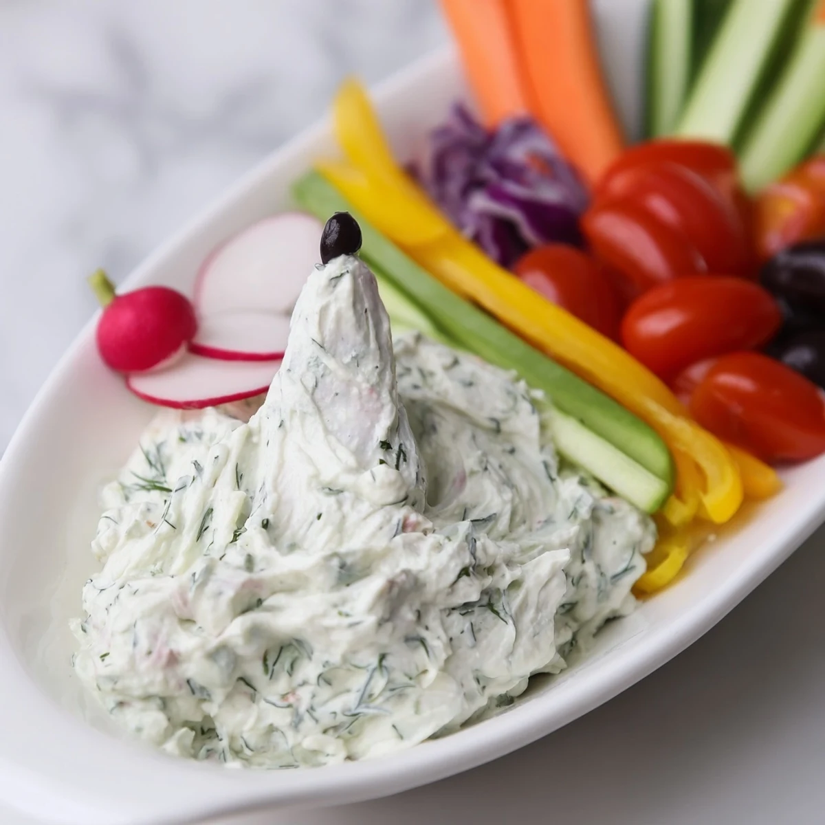 Ocean Blue Fish-Shaped Dip Tray: a whimsical appetizer with colorful vegetables and creamy dips arranged as a vibrant under-the-sea scene.