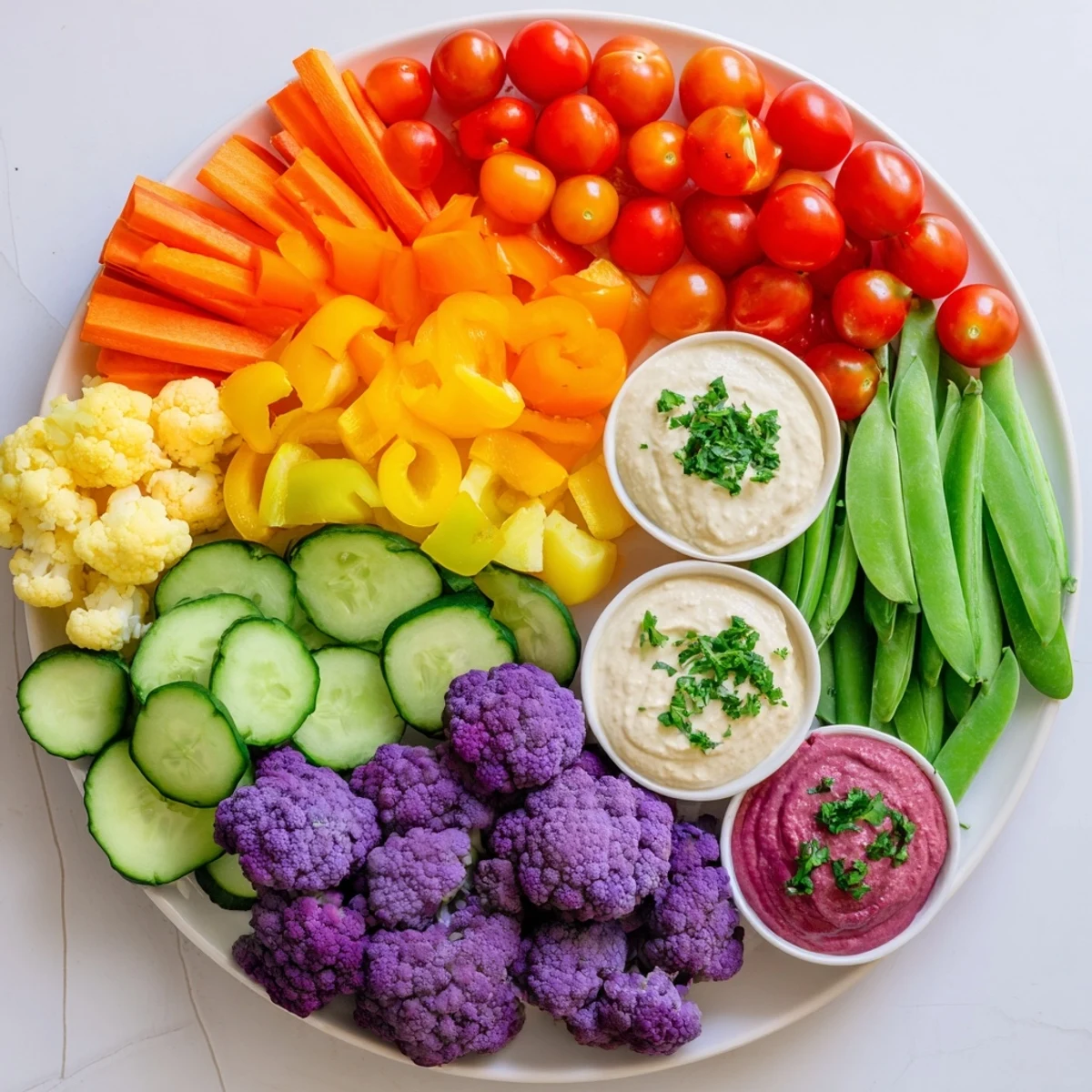 Bright and colorful Rainbow Vegetable Dips platter, perfect for dipping and a healthy snack at parties.
