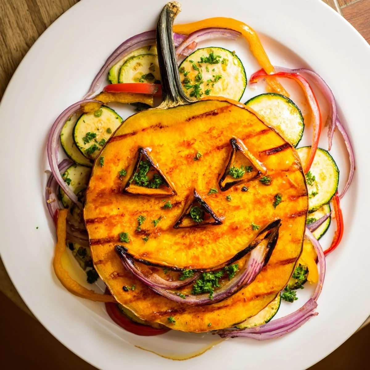 Roasted Pumpkin Lantern Halloween Plate, a vibrant vegetarian appetizer with colorful roasted vegetables.