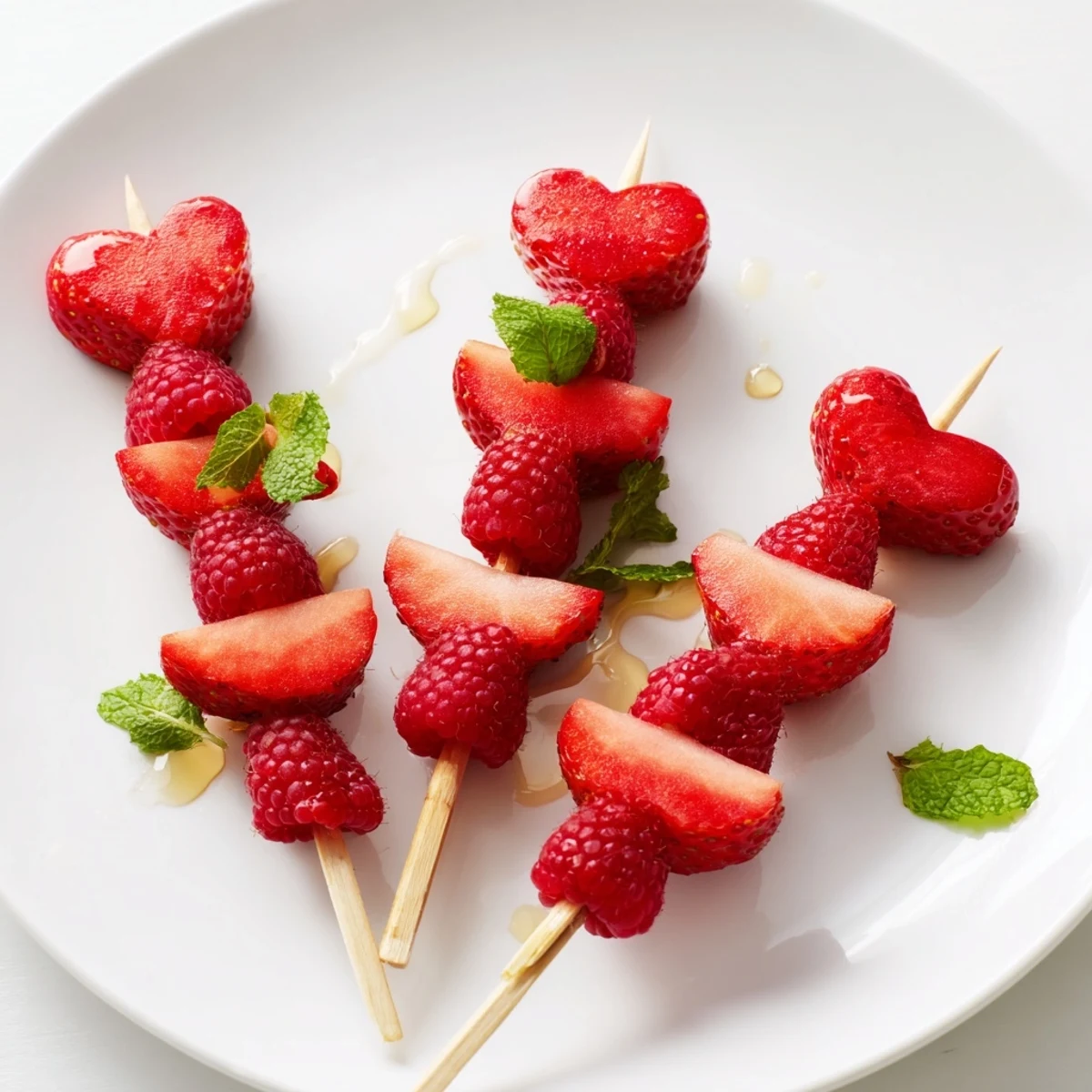 Delicious red heart fruit skewers with juicy strawberries, watermelon, and fresh raspberries, ready to enjoy.