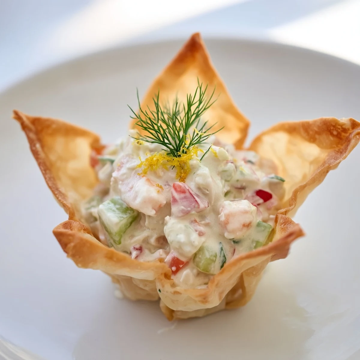 Golden crispy Mini Star Cocktail Cups filled with savory shrimp salad, topped with fresh dill and lemon zest.