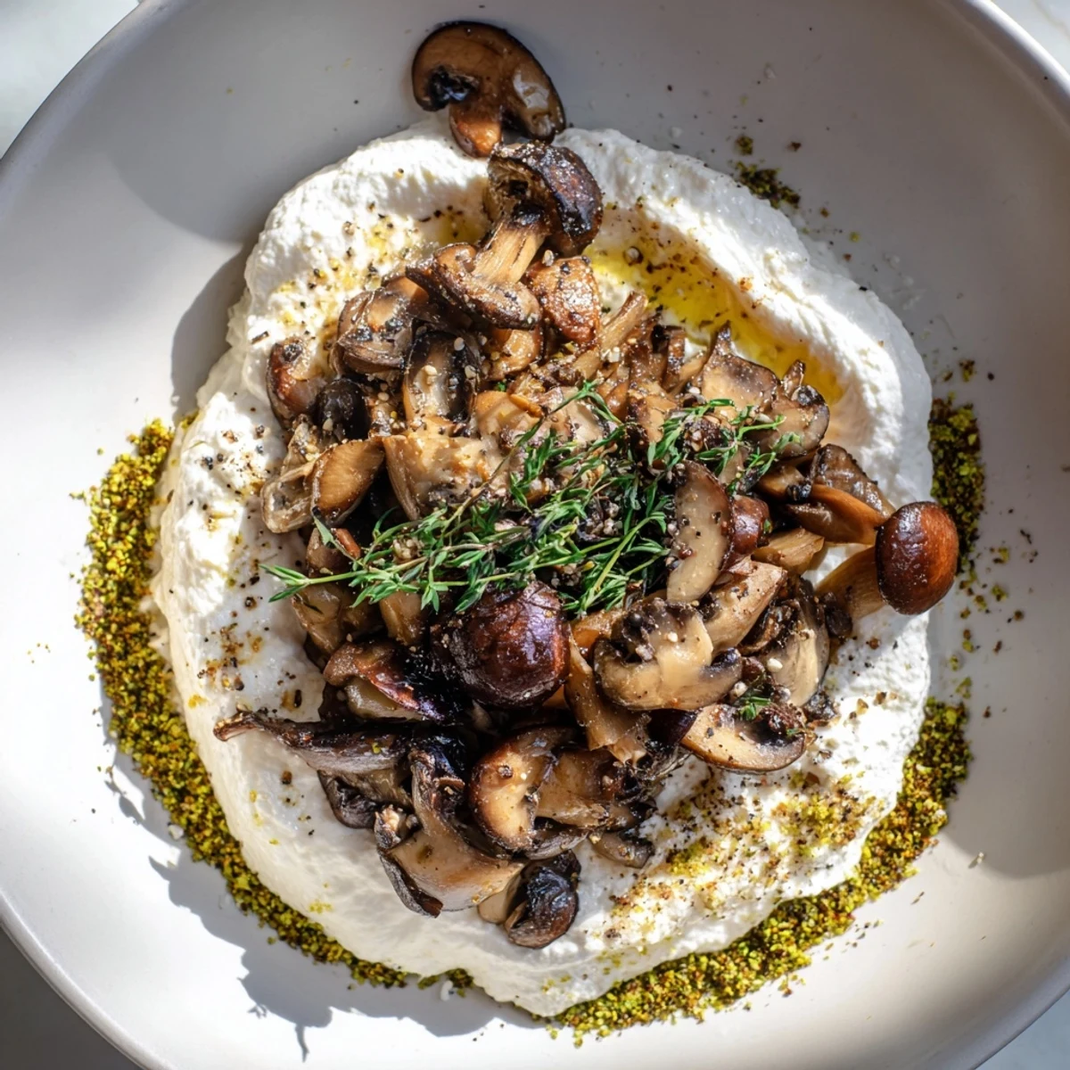 A vibrant cottagecore mushroom and moss savory platter, featuring fresh herbs and rustic breadcrumbs.