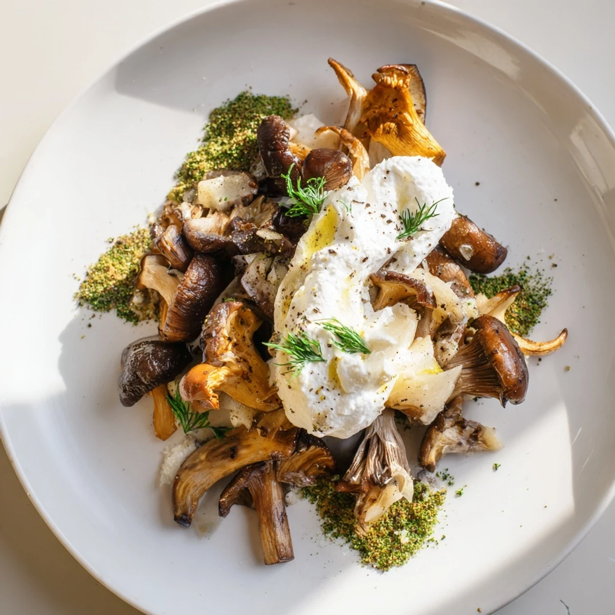Imagine a rustic wooden board piled high with the cottagecore mushroom and moss platter ingredients.