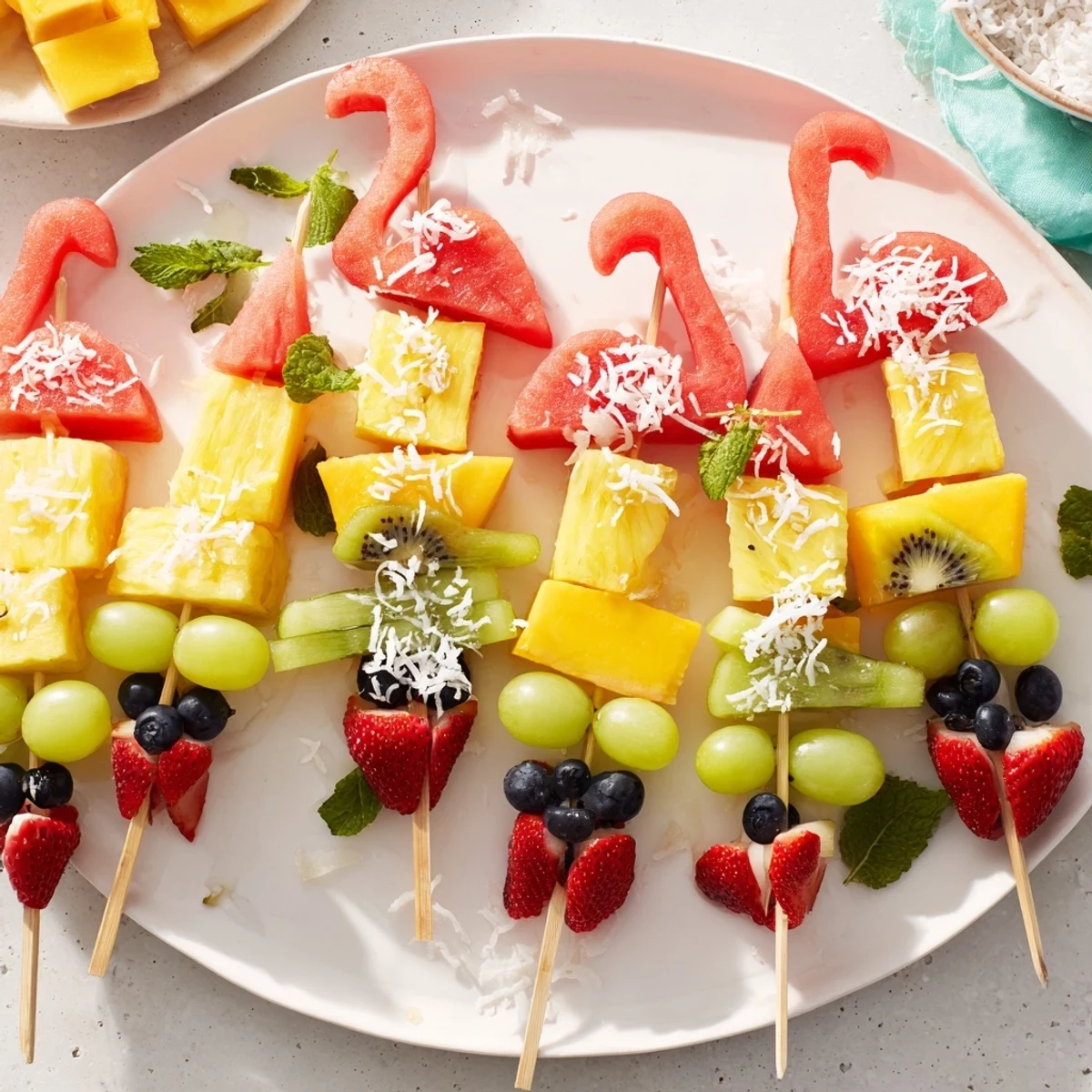 Vibrant Flamingo Fruit Skewer Platter, showcasing colorful tropical fruits ready for a summer party.