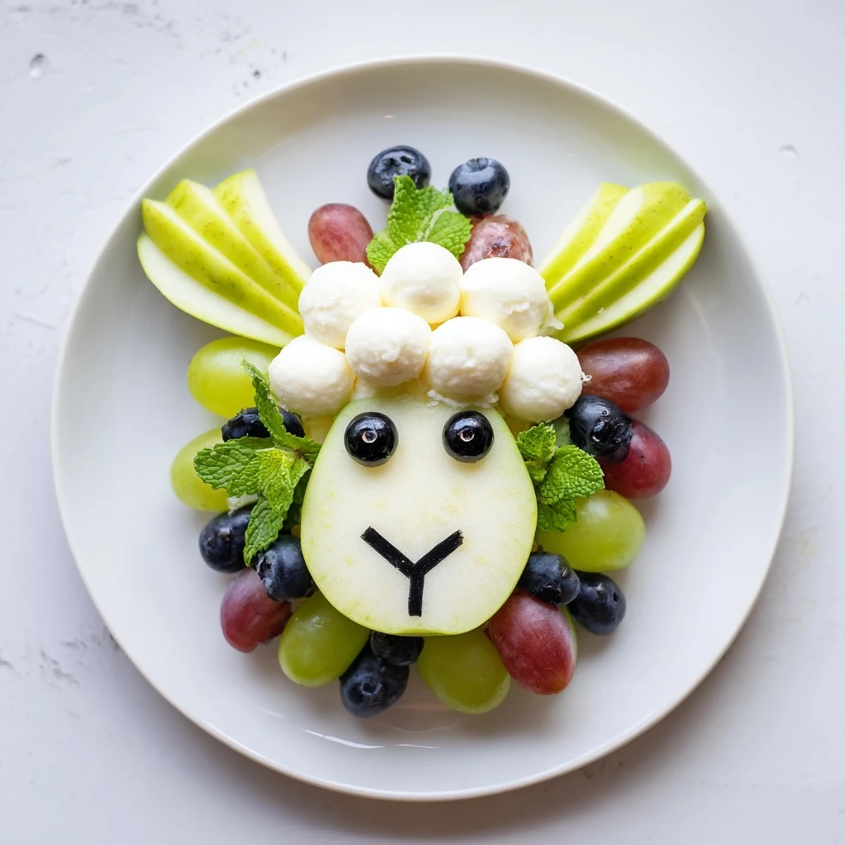 Baby shower Lamb Face Fruit and Cheese Platter features a whimsical lamb face made of fruit and cheese.