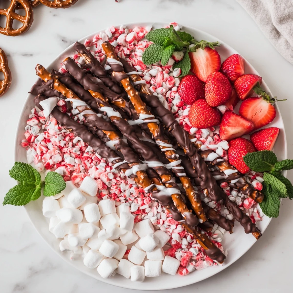 A beautifully arranged Candy Cane Dessert Platter with colorful sweets and fresh strawberries.