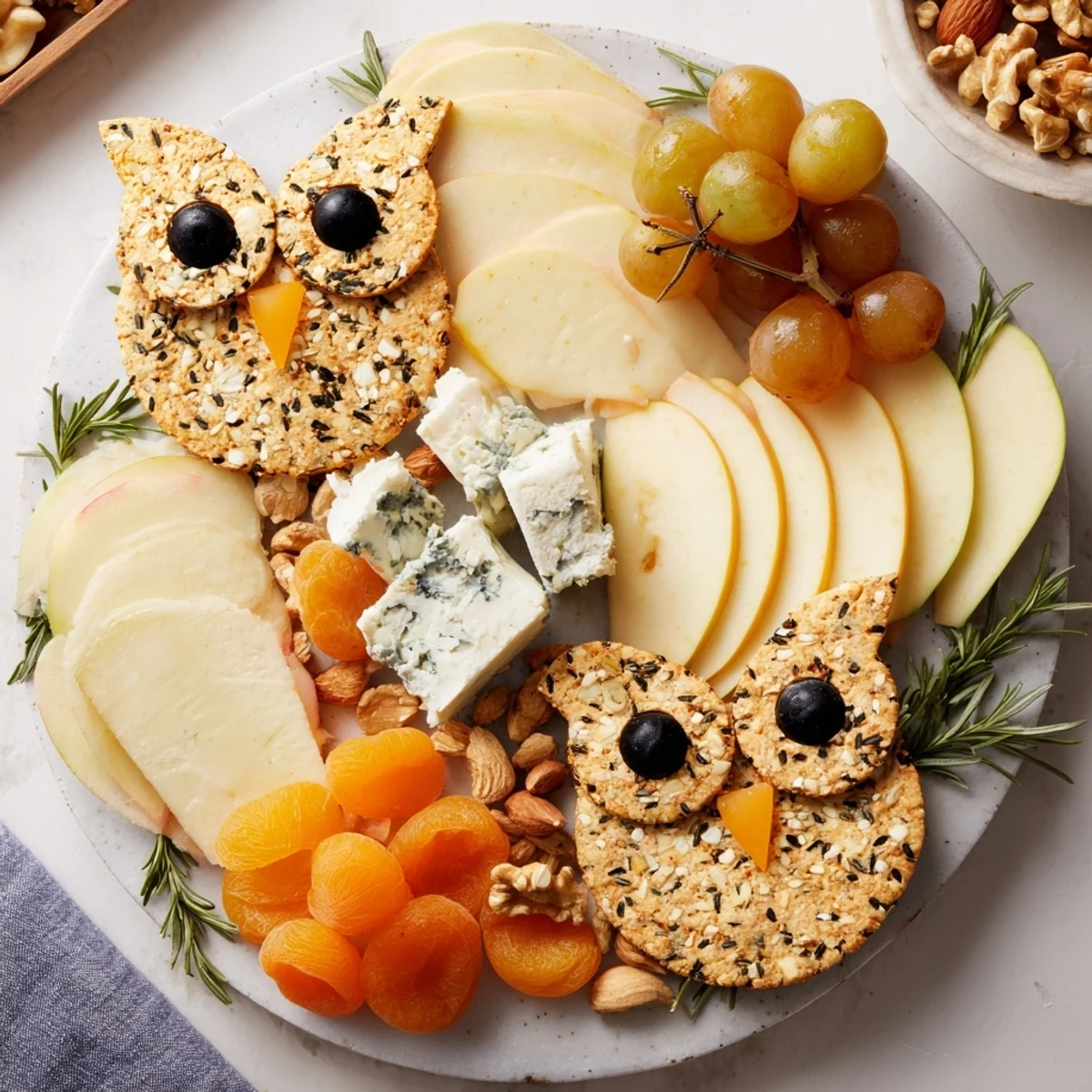 A beautifully arranged Owl Cracker and Cheese Board, ready for gathering and delicious snacking.