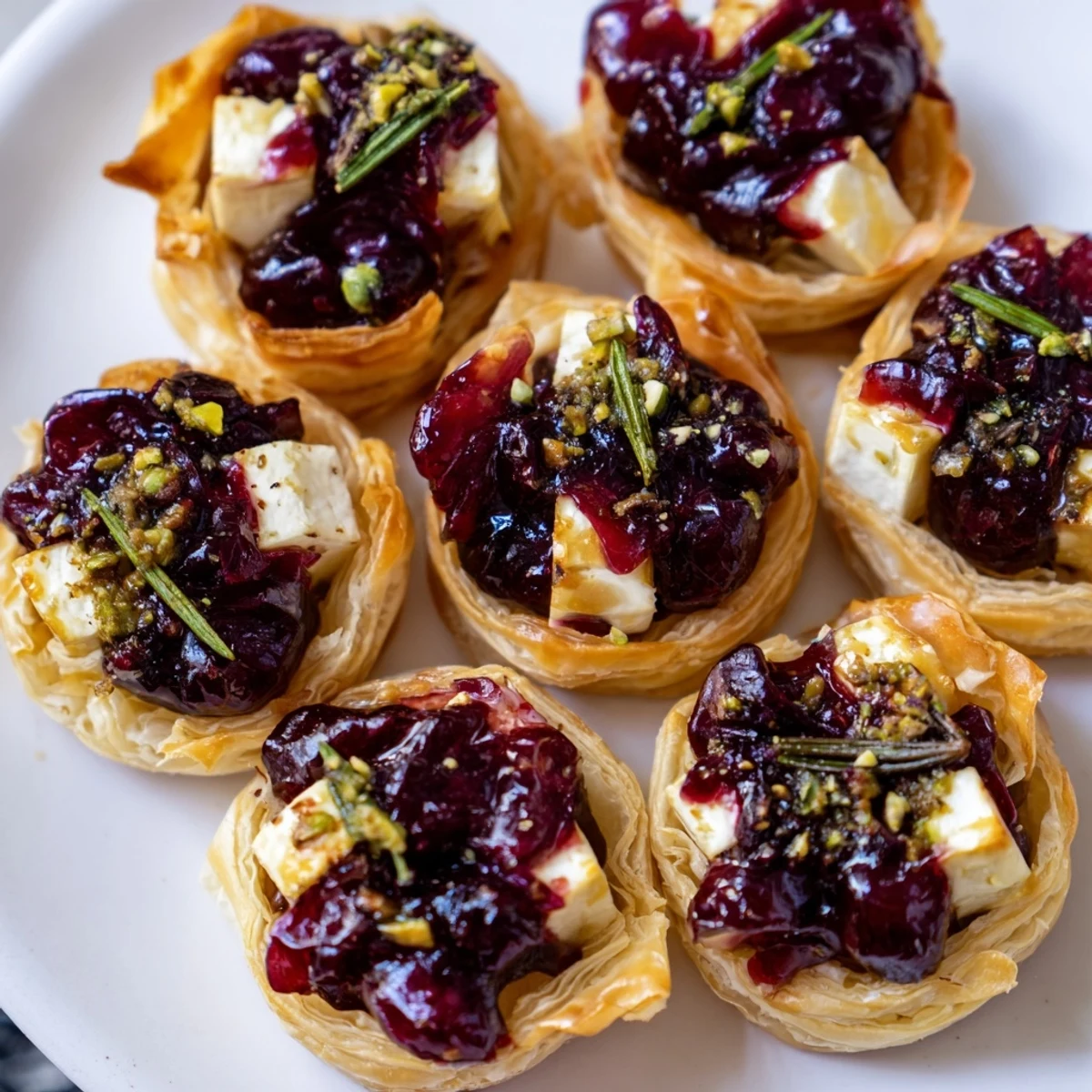 Golden Cranberry Brie Bites Wreath, bubbly cheese and cranberry atop flaky pastry, ideal for celebrations.