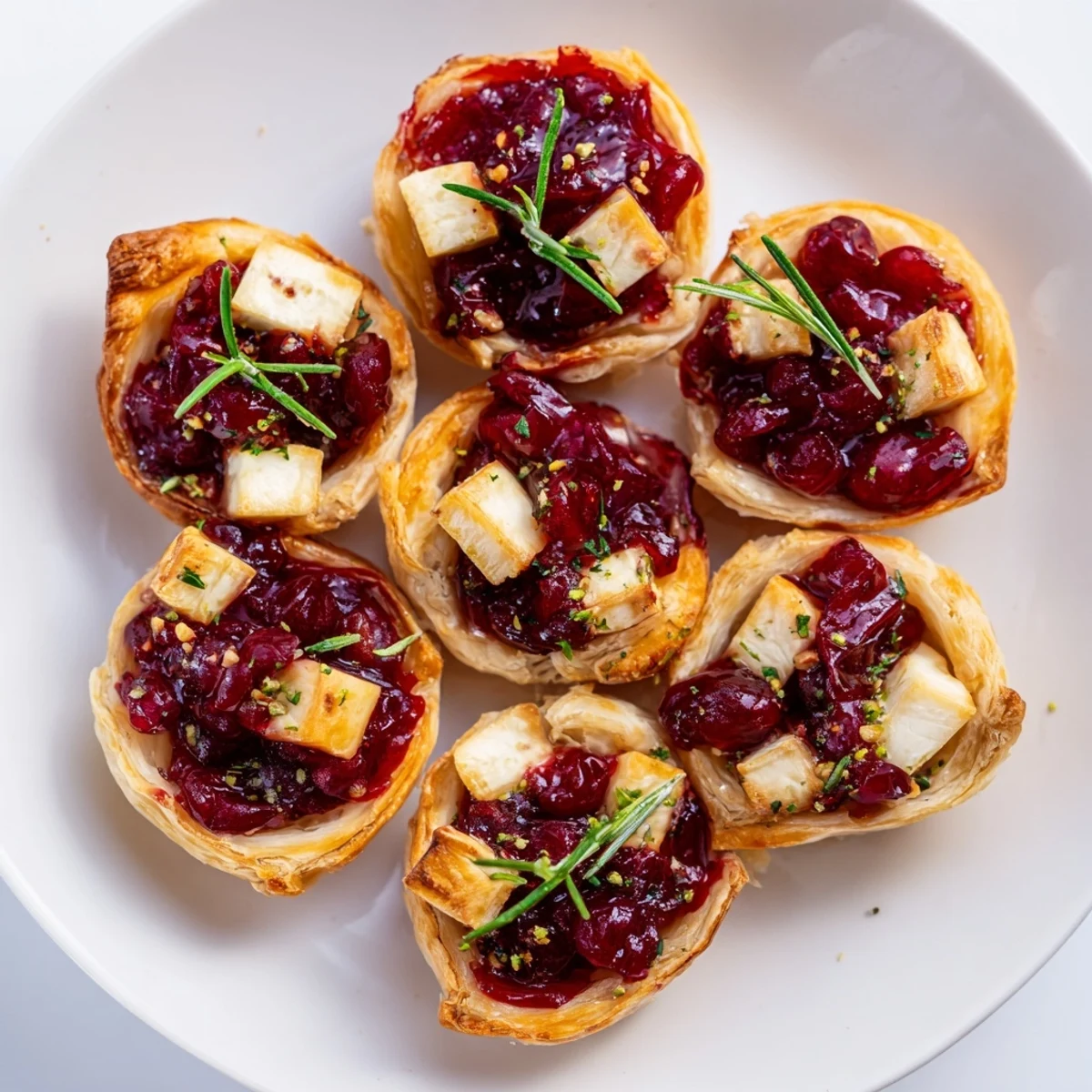 Savory Cranberry Brie Bites Wreath, garnished with rosemary, are a delicious appetizer for your party.