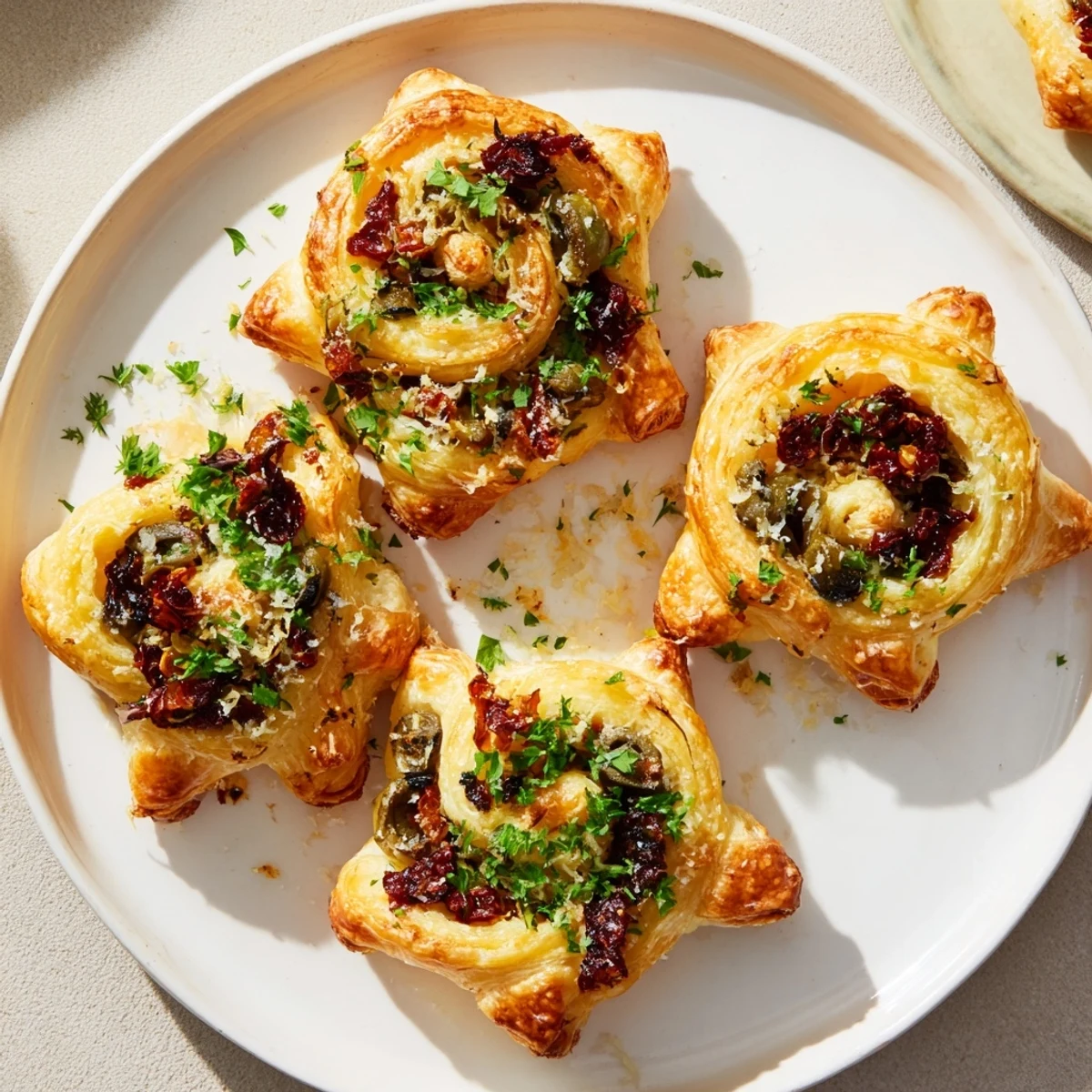 Golden, flakey Olive and Sundried Tomato Star Garland, a savory appetizer ready for holiday fun.