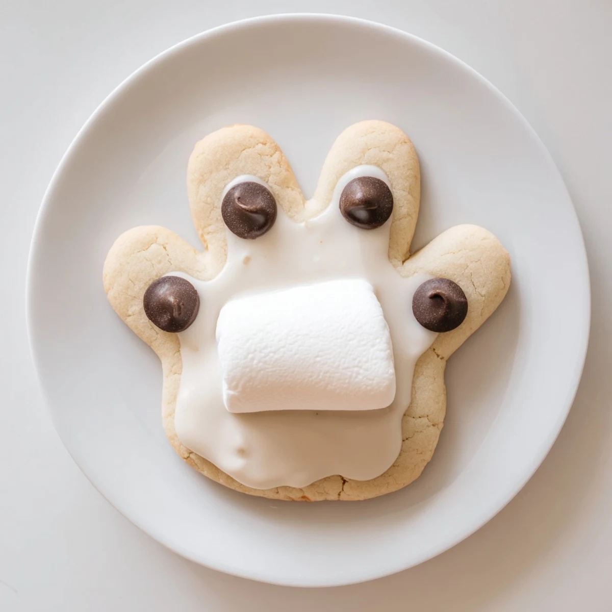 Fluffy Polar Bear Paw Print Cookies with melted white chocolate and dark chocolate chips.