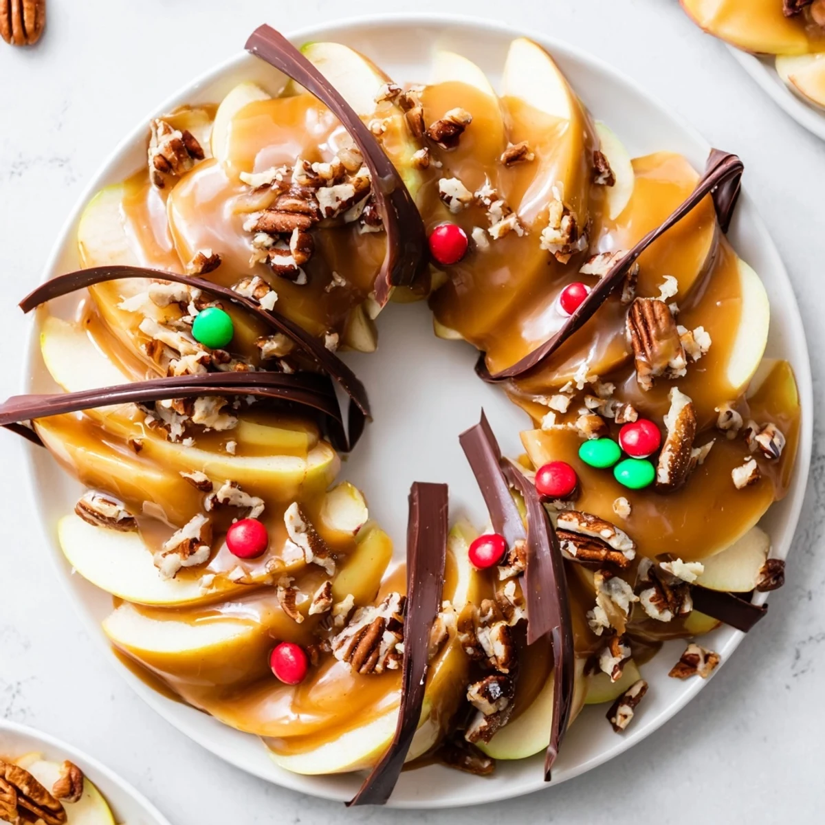 A festive Caramel Apple Slice Christmas Wreath, glistening with caramel and chocolate, perfect for holiday gatherings.
