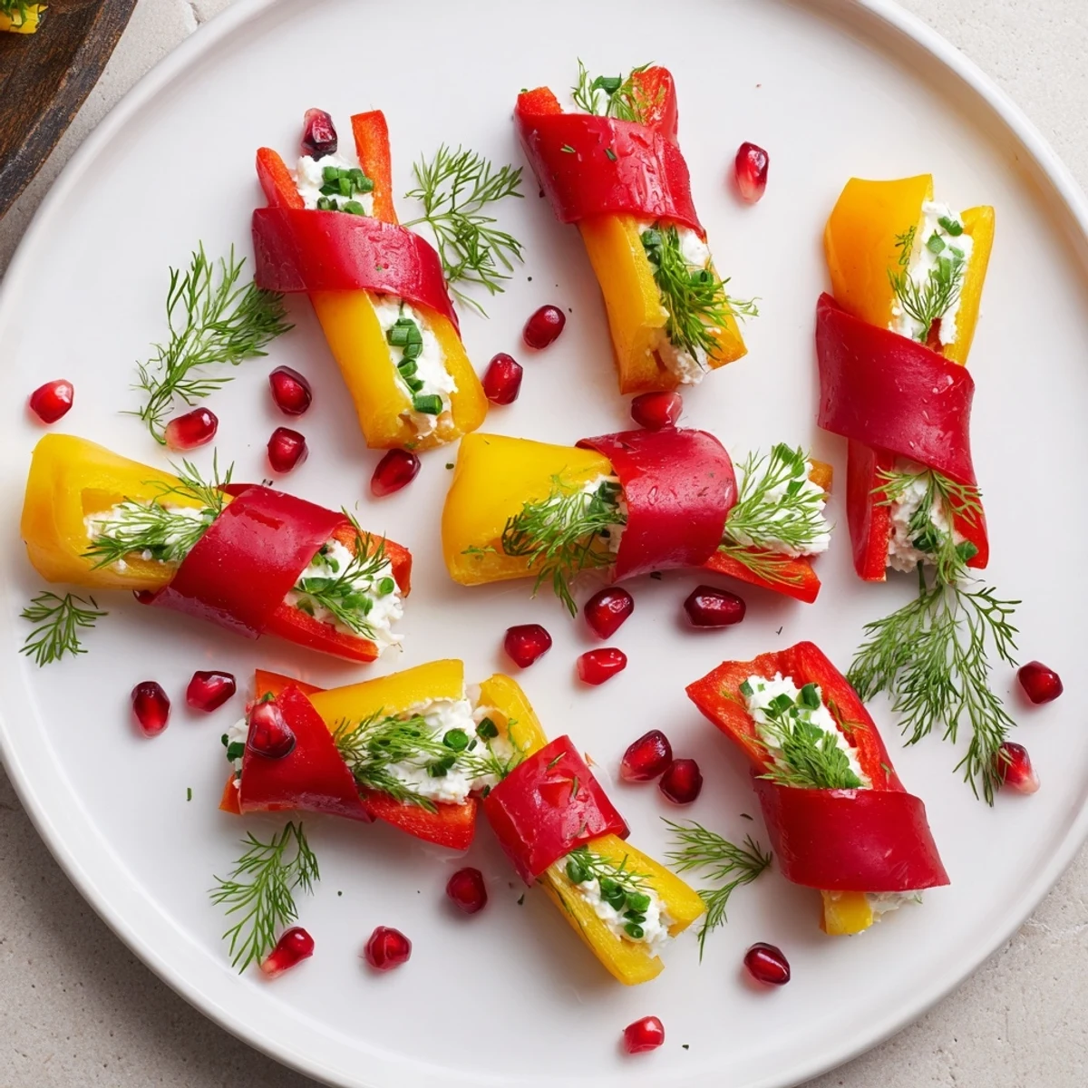 Delectable, colorful Bell Pepper Christmas Bows, filled with creamy cheese, ready to be enjoyed as a holiday appetizer.