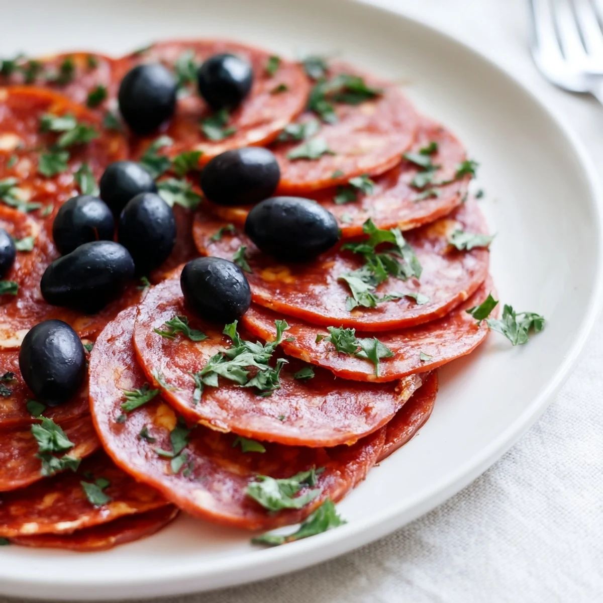 Close-up of neatly arranged sliced pepperoni and olive halves, perfect for a quick snack or party.