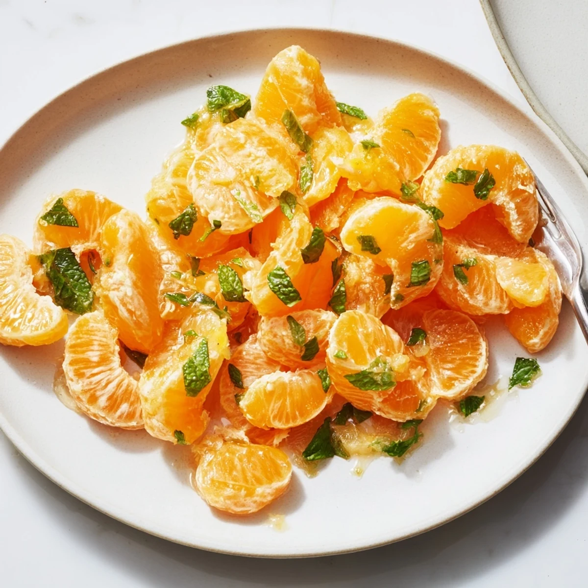 Freshly assembled clementine and mint winter fruit salad, ready to enjoy with a light honey drizzle.