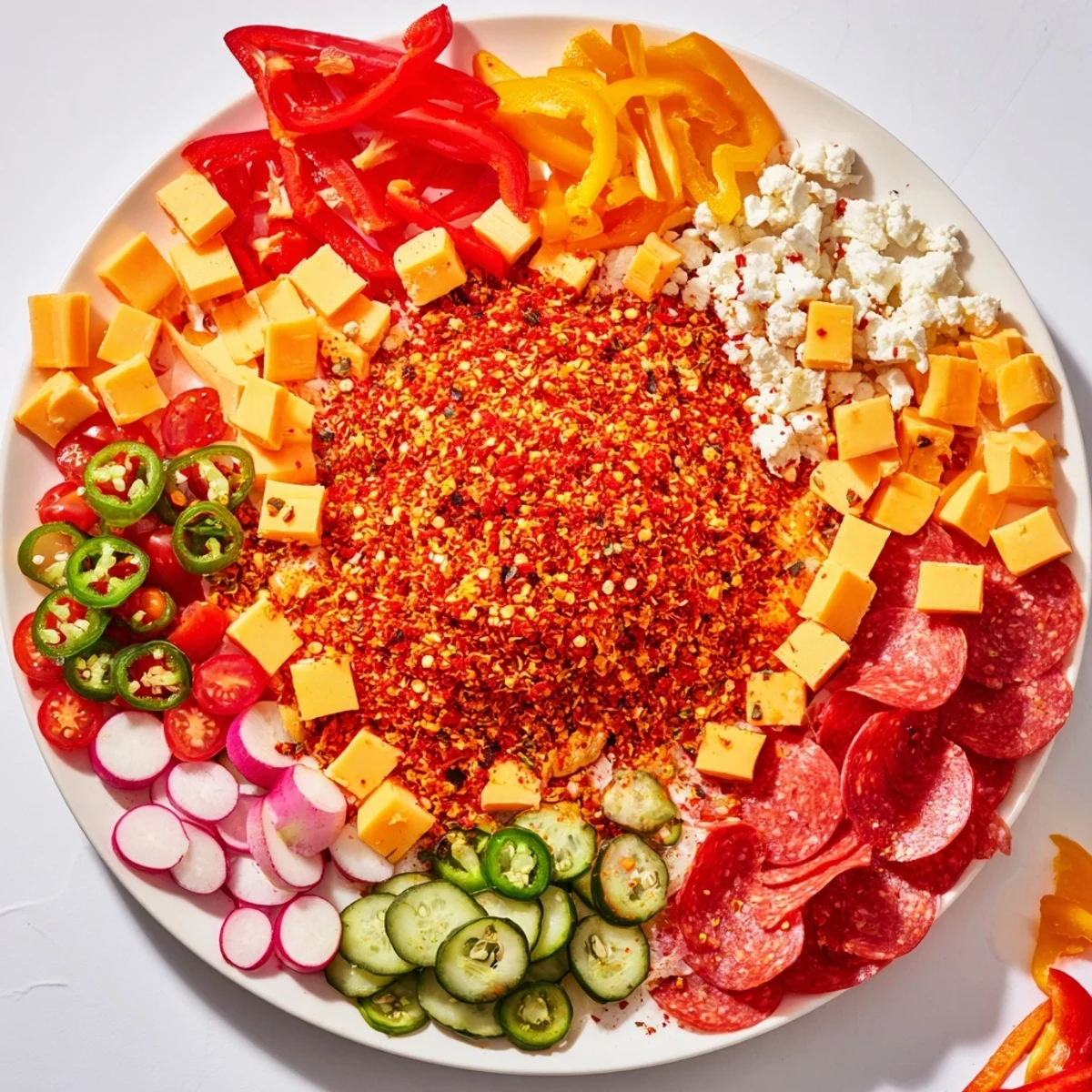The Spicy Hot Take Platter offers colorful, spicy ingredients radiating outward, perfect for sharing.