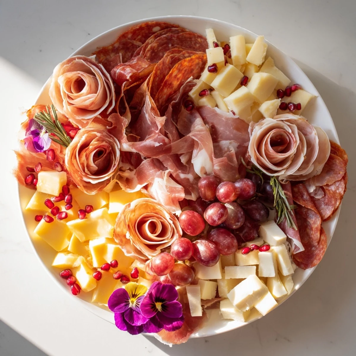 This Advanced Artisan Array charcuterie board is overflowing with savory meats, cheeses, and beautiful garnishes to enjoy.