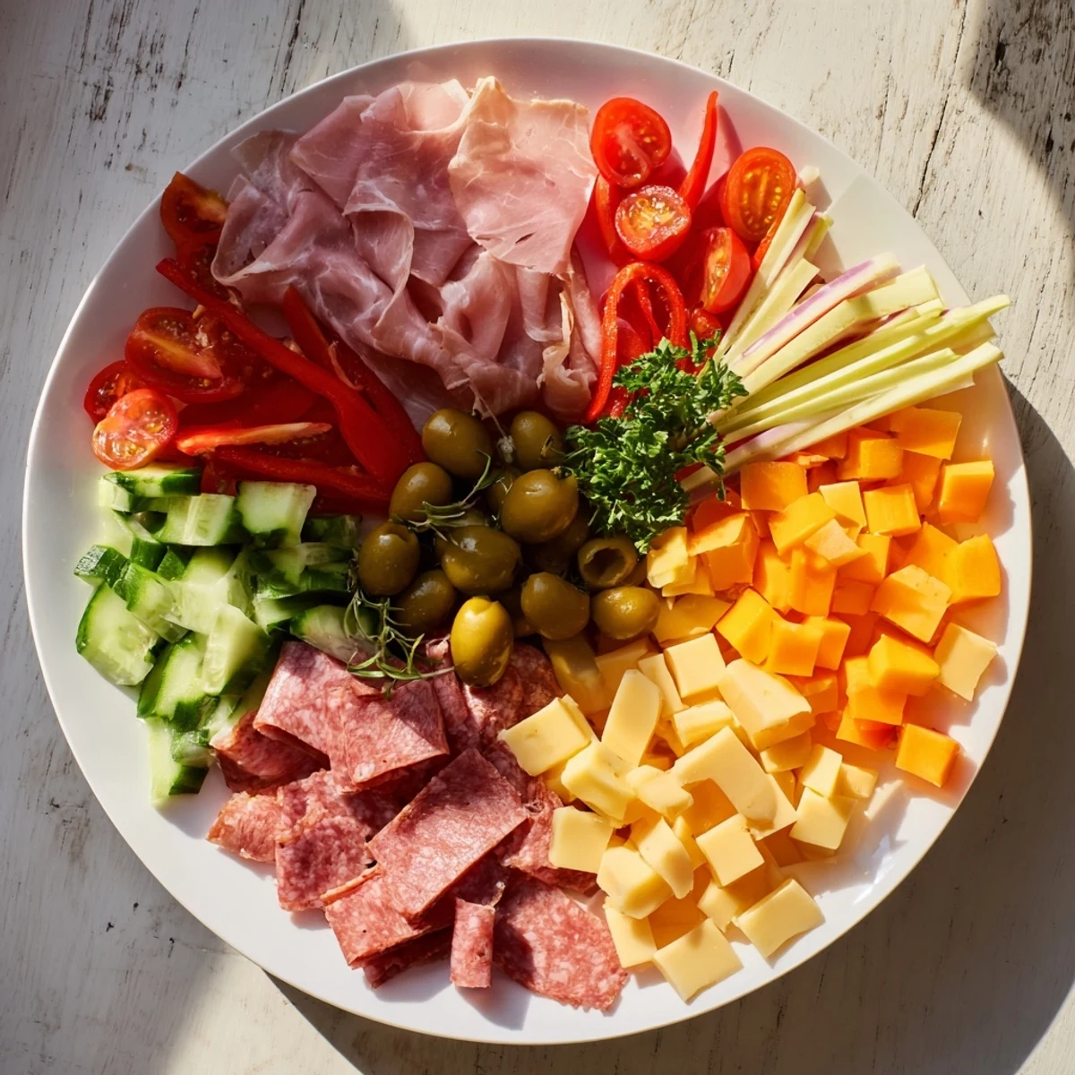 Colorful Keto Power Plate with cheese, meats, and olives, a delicious low-carb platter to share.