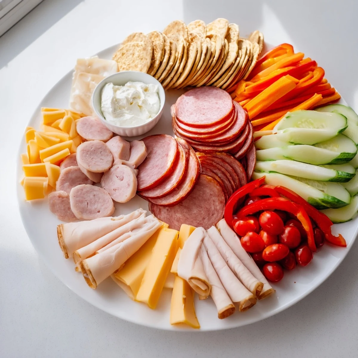 Budget-friendly family spread overflowing with savory meats, creamy cheeses, and crunchy crackers for sharing.