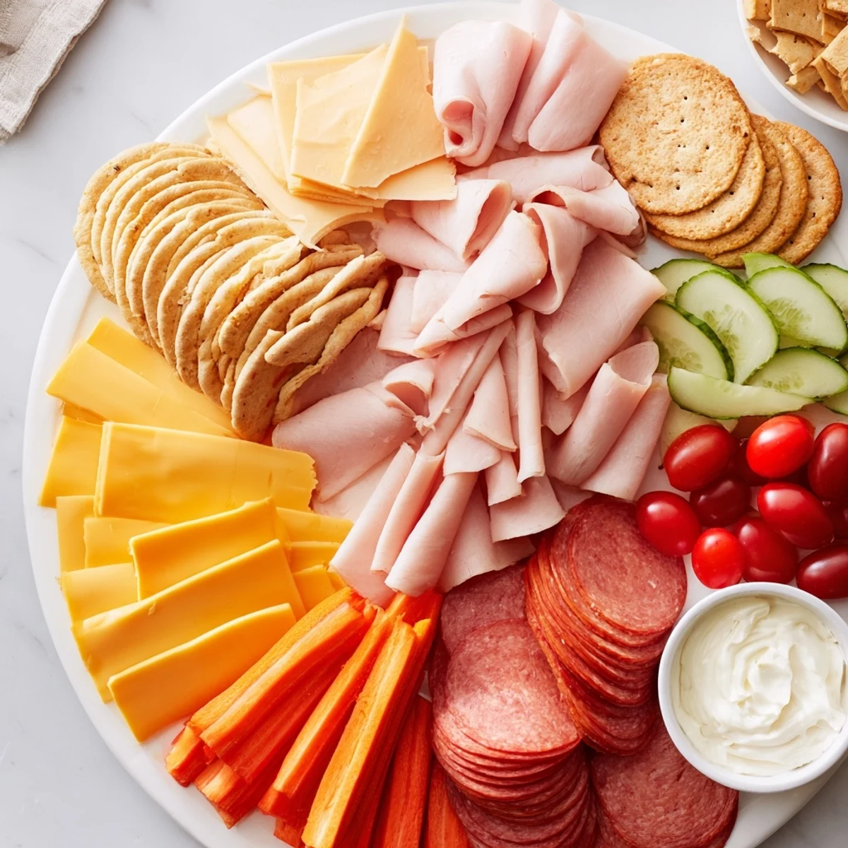 A family spread with budget-friendly ingredients, featuring sliced meats, cheeses, and colorful fresh veggies.