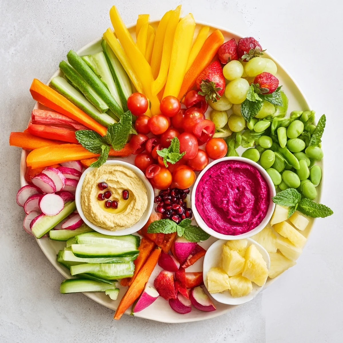 Bright Vegan Global Gardener Platter, overflowing with colorful veggies, fruits, and dips, ready to serve.