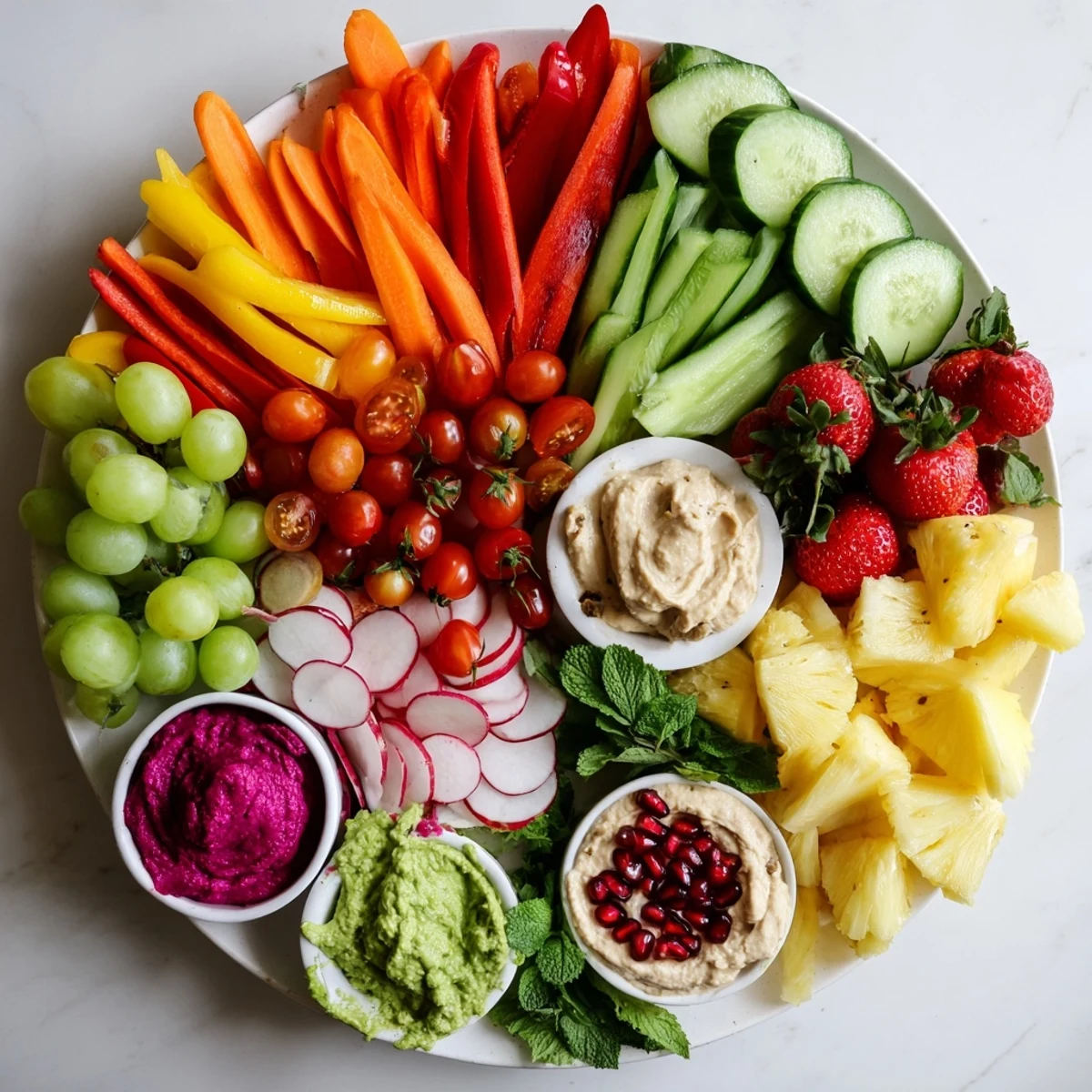 A gorgeous array: this fresh Vegan Global Gardener Platter showcases vibrant, raw ingredients for healthy snacking.