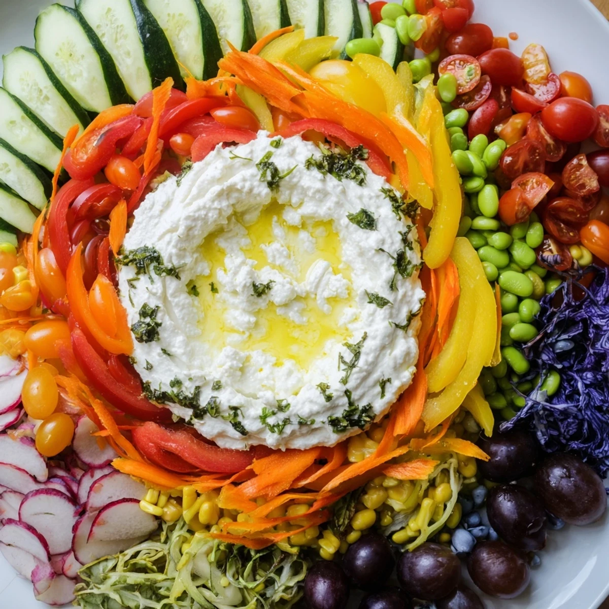 A Prism Burst salad showcases colorful layers of fresh vegetables and fruits, vibrant and delicious.