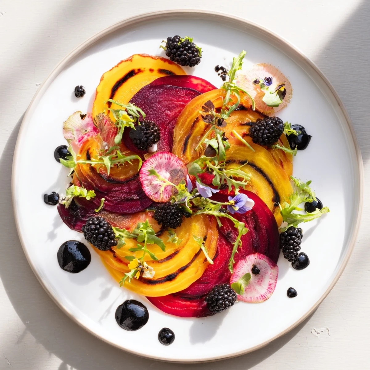 This stunning Shadow Play dish showcases artfully arranged golden beets with pops of color and textures.