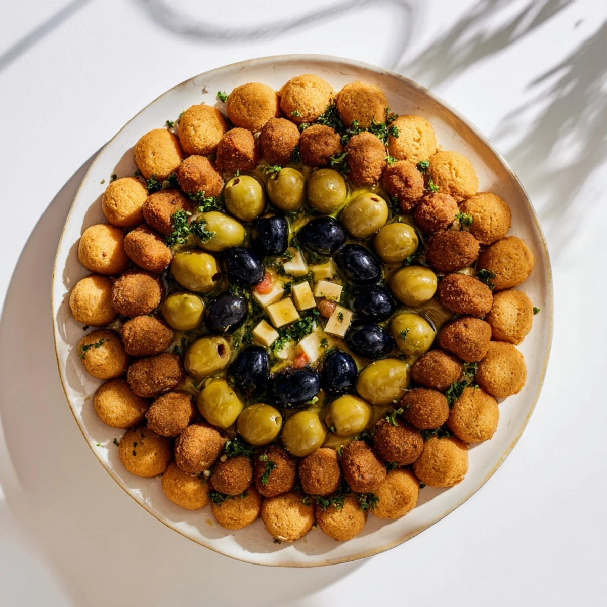 Crisp crackers form the Roman Colosseum Snack Platter's walls, olives ready for this delicious appetizer.