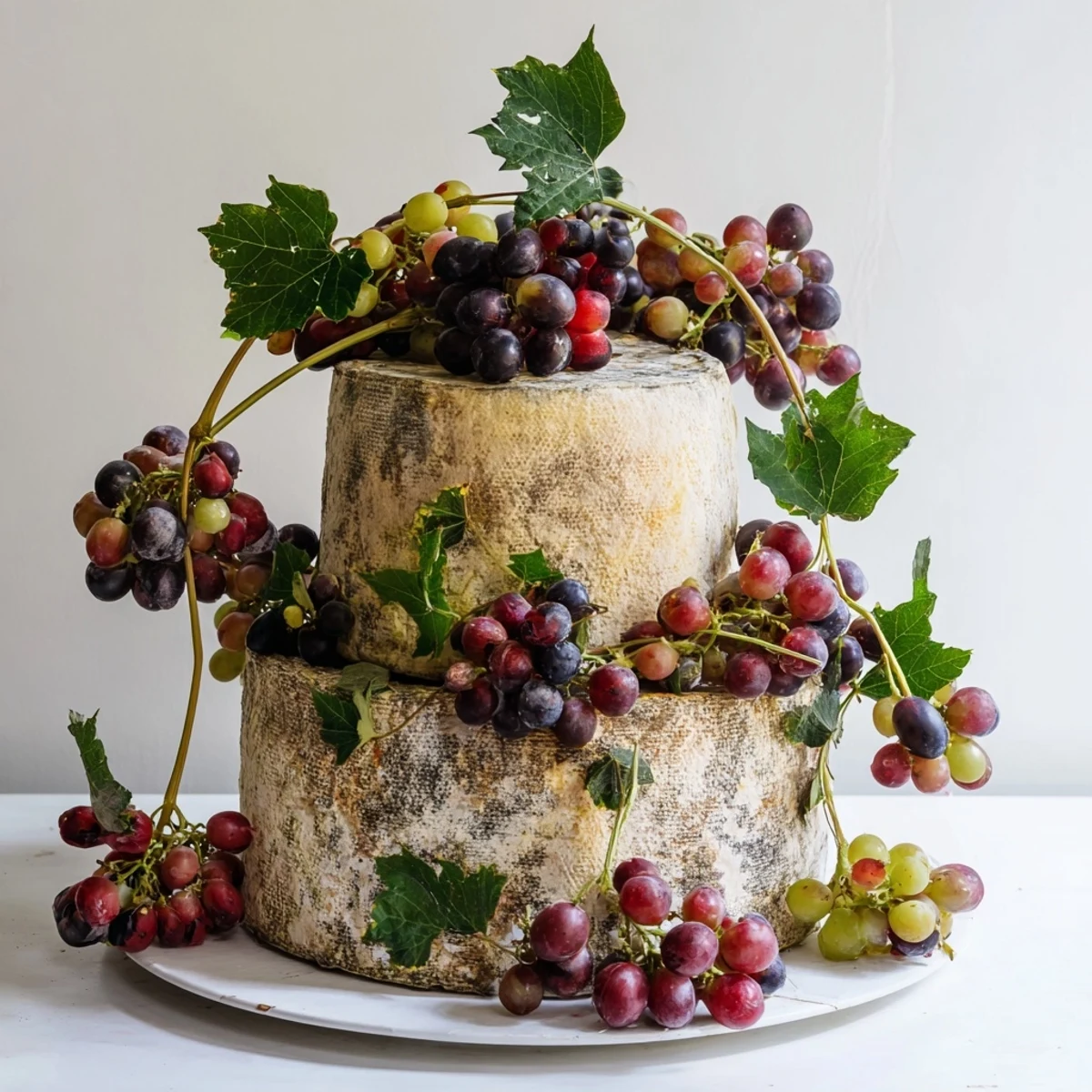 A close-up of The Rustic Vineyard, showcasing young cheese wheels draped with fresh grapevines for serving.