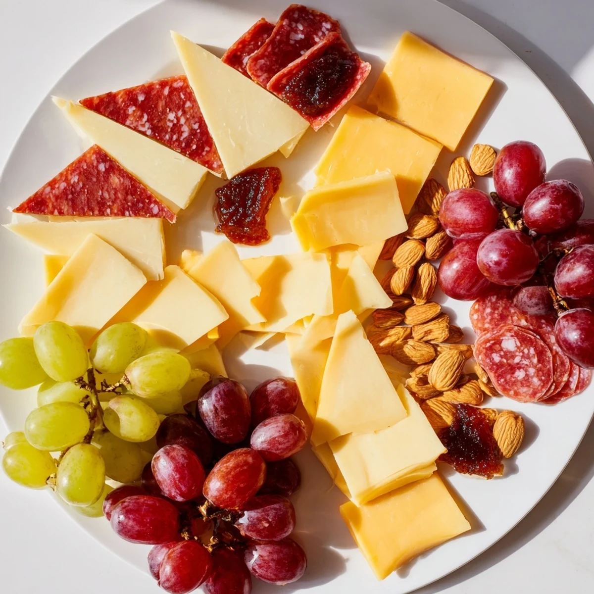 Artistic presentation of the Geometric Gala appetizer: triangular cheeses, rhombus meats, and fresh garnishes for a festive snack.