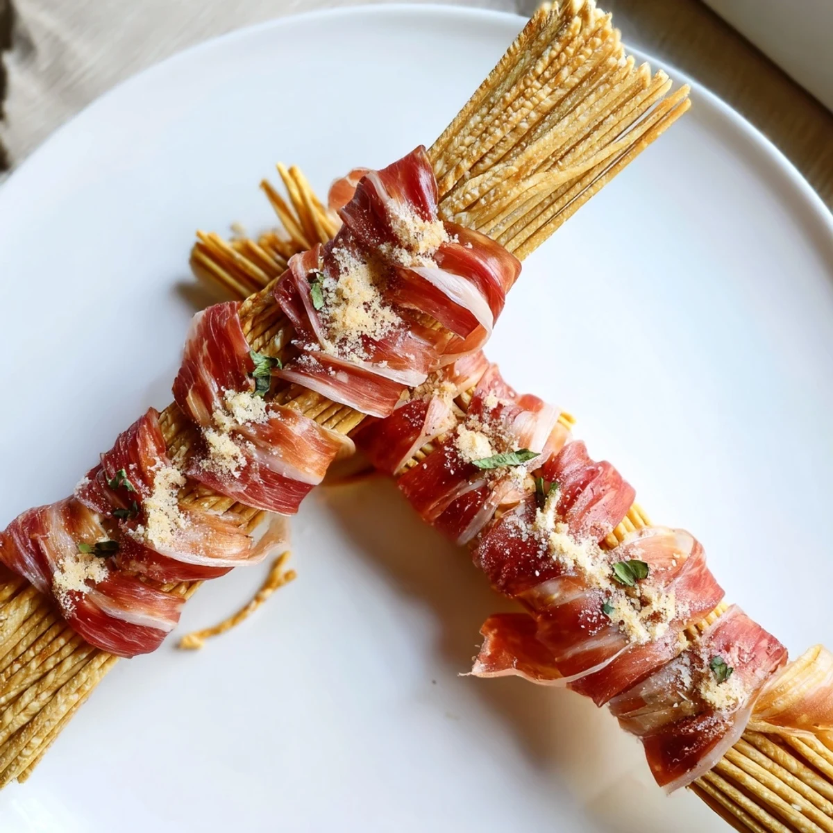 Savory prosciutto drapes between breadstick towers to form a beautiful Golden Gate presentation, ideal for sharing.