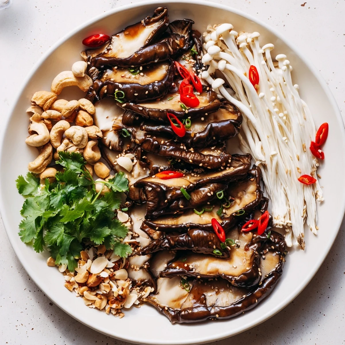 Umami Bomb Asian Delight arranged with golden mushrooms and vibrant garnishes for snacking pleasure.