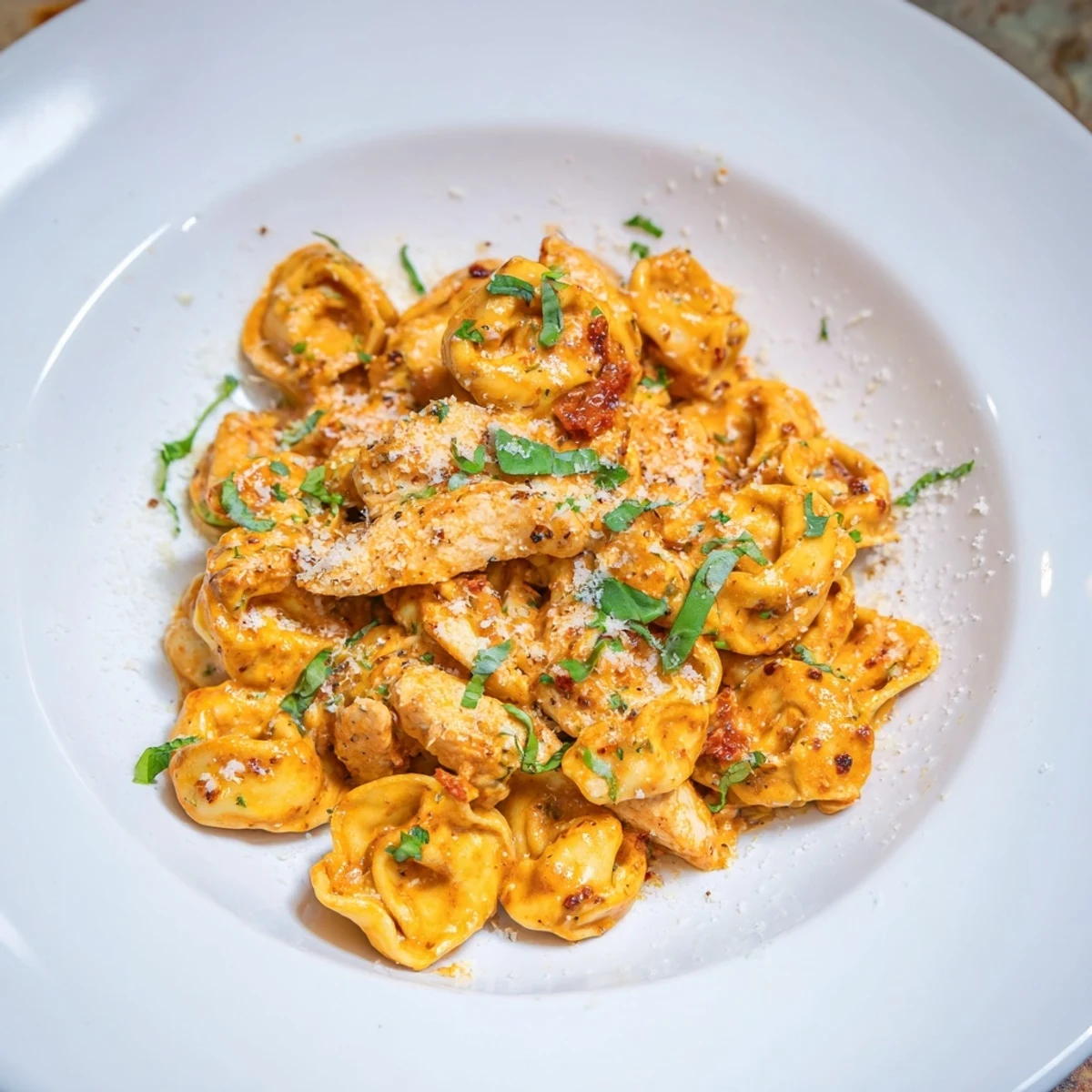 A close-up view of the savory, saucy Marry Me Chicken Tortellini with fresh basil garnish.
