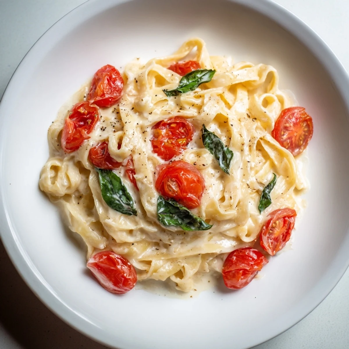 A close-up of delicious Baked Brie Pasta Sauce, bubbly and creamy, tossed with perfectly cooked pasta.