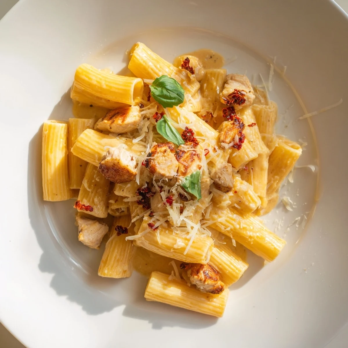 A bubbling skillet showcases rich, creamy Spicy Vodka Chicken Pasta with perfectly cooked rigatoni.