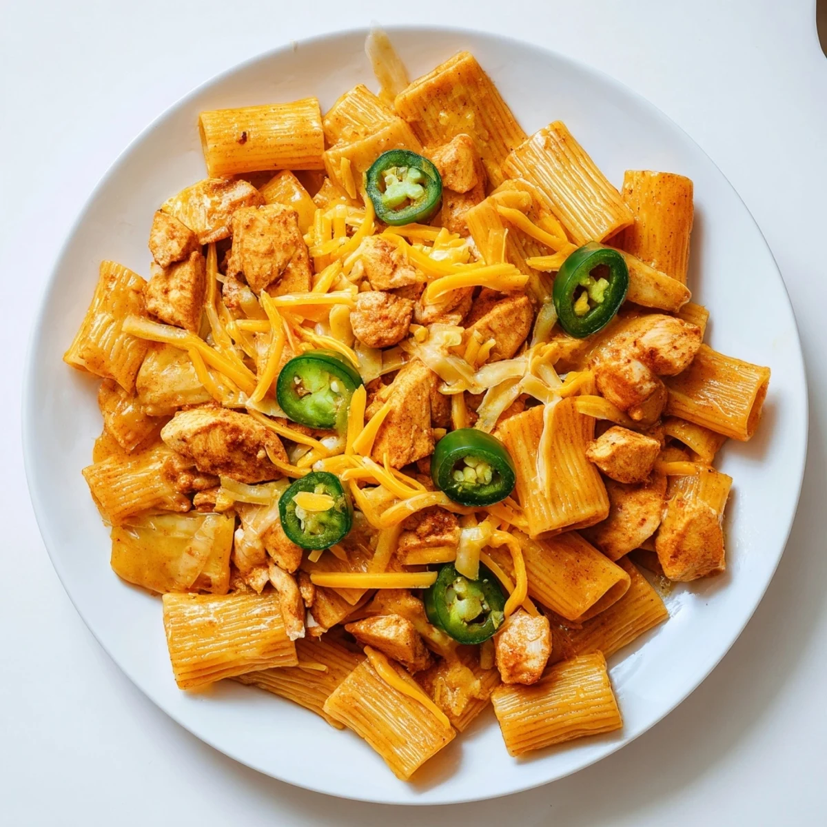 Pasta Chip Nachos loaded with melted cheddar, taco chicken, and crispy, flavorful air-fried pasta.