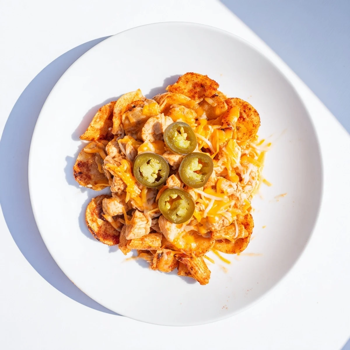 A close-up of delicious Pasta Chip Nachos, a creative twist on classic loaded nachos with fresh toppings.