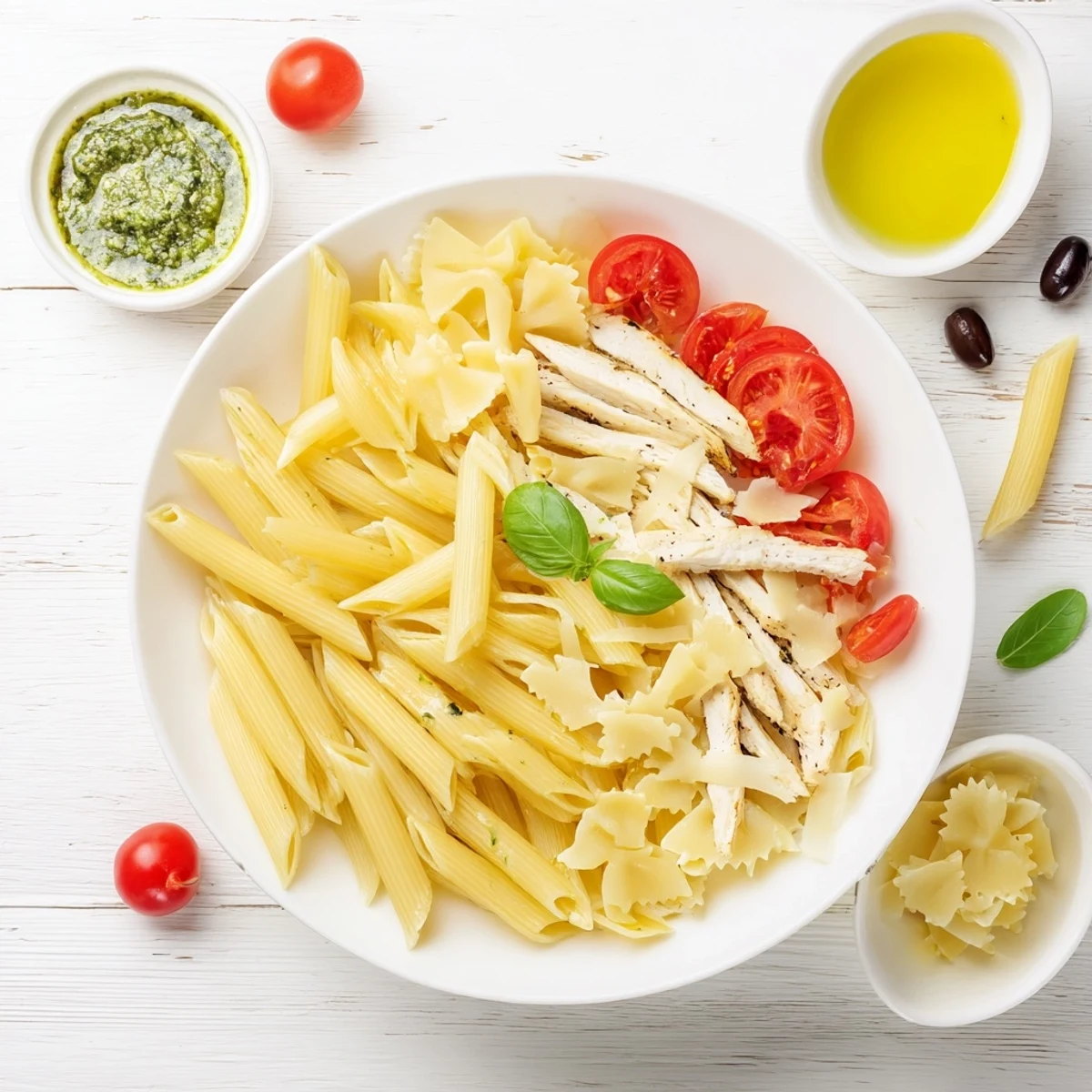 Girl Dinner Pasta Board with vibrant pasta shapes, grilled chicken strips, and delicious sauces.